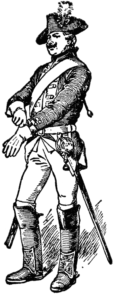 Historical illustration of an 18th-century European military officer in full uniform with tricorn hat, sash, sword, and boots.
