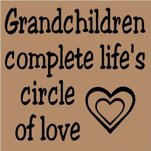 "Grandchildren complete life's circle of love" text with nested heart icon on brown background