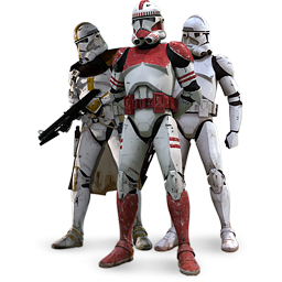 Three Star Wars clone troopers in distinctive armor-red, white, and yellow-standing in formation with blaster rifles.