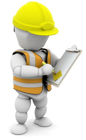 3D construction worker in yellow hard hat and safety vest holding clipboard and pencil, reviewing checklist.