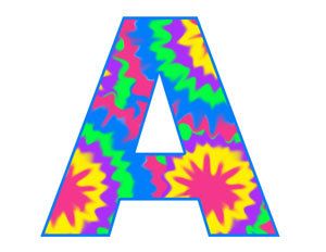 Vibrant tie-dye patterned uppercase letter A with psychedelic colors on white background.