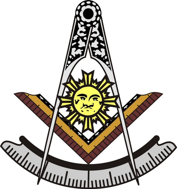 Masonic square and compasses symbol with a radiant sun at the center, representing enlightenment and brotherhood.