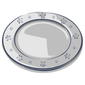 White ceramic plate with blue floral border and decorative rim, empty and clean.