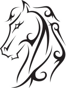 Stylized black-and-white tribal horse head illustration with flowing ornamental lines and expressive eye.