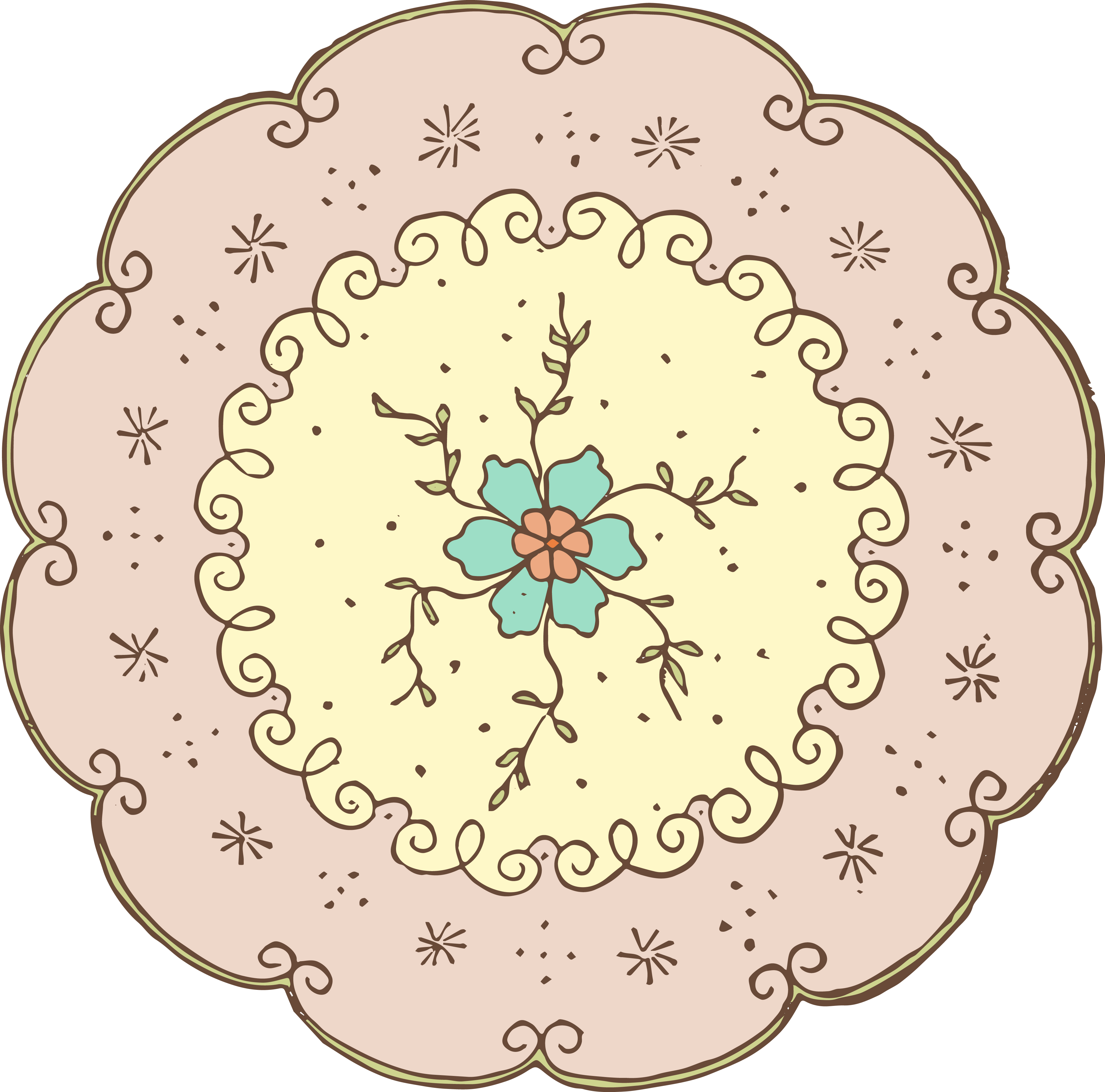 Vintage-style ornamental plate with scalloped edges, teal flower center, and delicate swirls and star motifs.