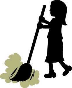 Silhouette of a young girl sweeping dust with a broom, simple vector illustration.