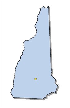 Light blue outline map of New Hampshire with a yellow star marking a central location.
