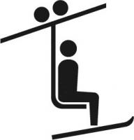 Black silhouette icon of a person seated on a ski lift with skis, against a white background.