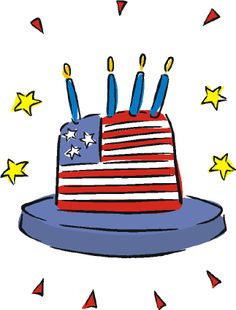 Patriotic American flag-themed birthday cake with five lit candles and festive stars and confetti.