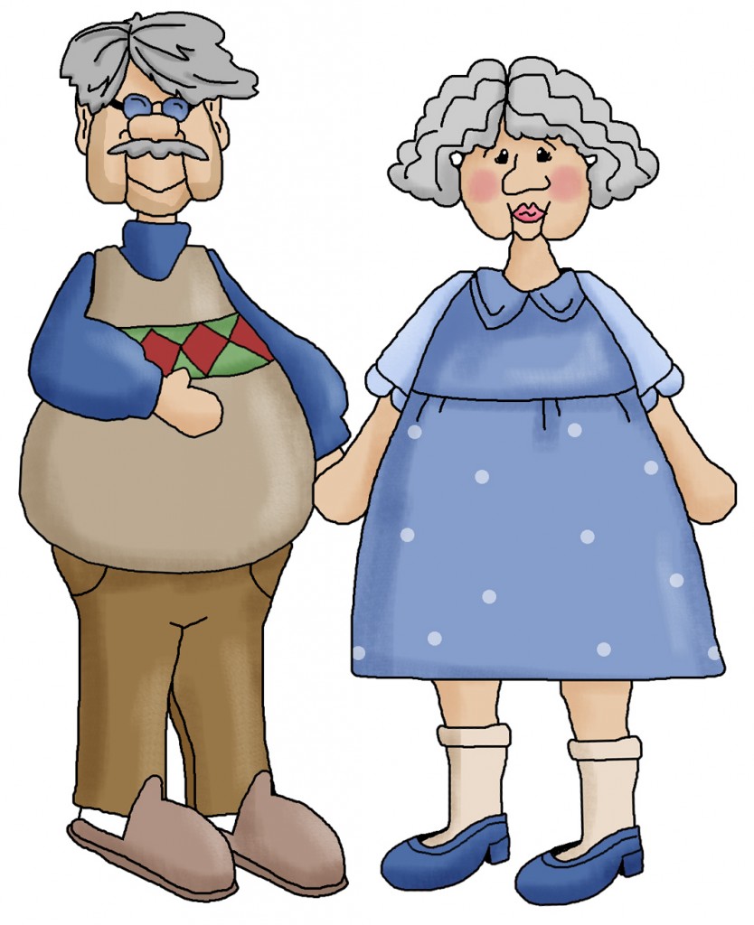 Smiling elderly couple holding hands-man in argyle vest and slippers, woman in blue polka-dot dress and shoes.
