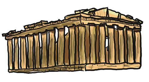 Hand-drawn illustration of the Parthenon in Athens, featuring classical Doric columns and pediment details.
