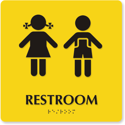 Yellow restroom sign with black pictograms of a girl and boy, plus braille text below "RESTROOM"