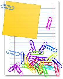 Yellow sticky note on lined paper with colorful paper clips scattered around.