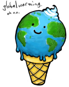 A cartoon Earth depicted as a melting ice cream cone with a worried expression and text saying "global warming. oh no."