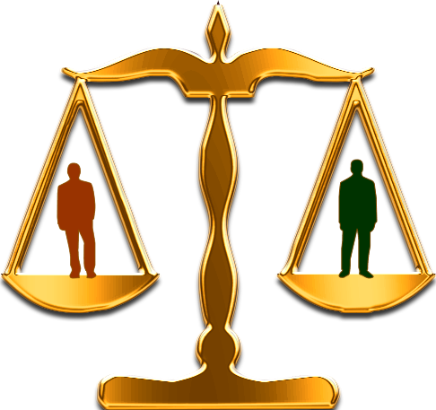 Golden scales of justice balancing two human silhouettes-one brown, one green-symbolizing equality and fairness under law.