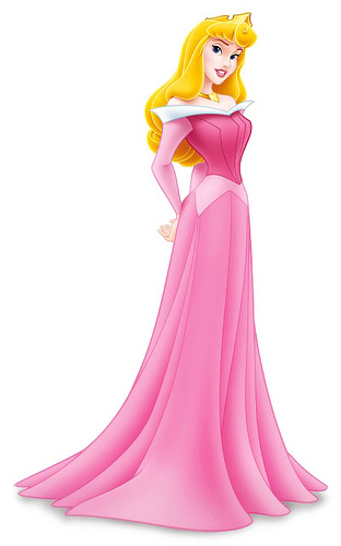 Princess Aurora in a pink gown holding a book, standing gracefully with golden hair and a gentle smile.
