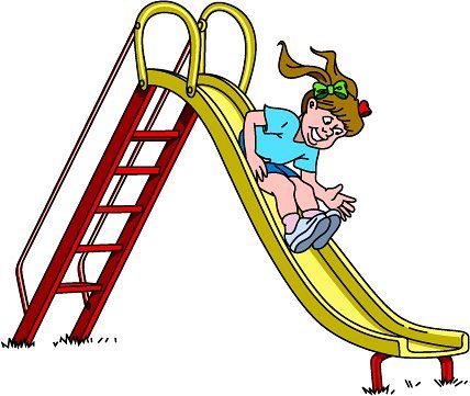 A smiling girl with pigtails slides down a yellow playground slide attached to a red ladder.