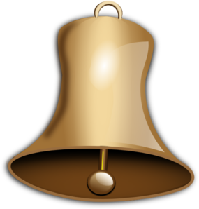 Golden brass bell with clapper, shiny surface, isolated on black background