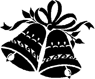 Black-and-white illustration of two ornate Christmas bells tied with a ribbon and leaves.