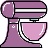 Purple stand mixer illustration with bowl and mixing attachment, stylized flat design.