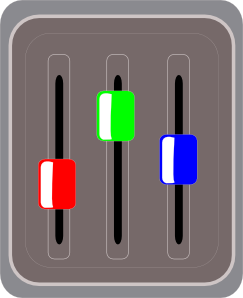Audio equalizer interface with three vertical sliders in red, green, and blue on a gray panel.