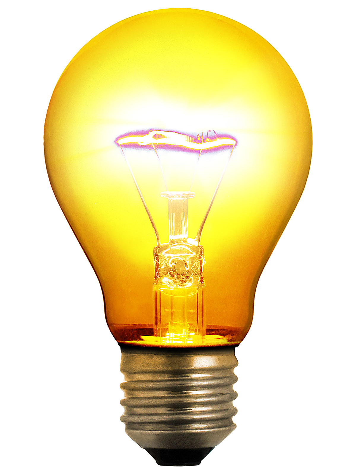 Warm yellow incandescent light bulb with glowing filament and E27 screw base, isolated on white background.