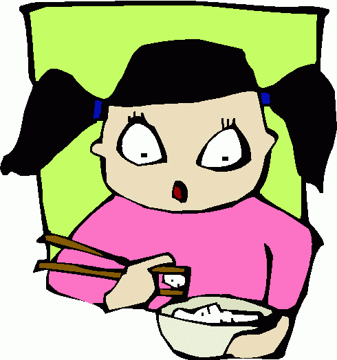 Surprised cartoon girl with pigtails eating rice with chopsticks from a bowl.