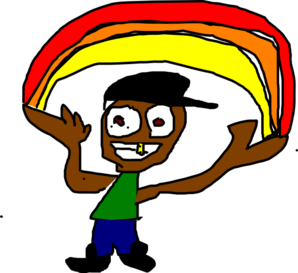 Cartoon character with afro hair wearing a rainbow hat, smiling and waving.