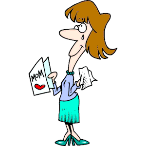 Woman holding a "MOM" card with a heart and crumpled paper, looking stressed or overwhelmed.