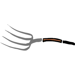 Hand-drawn illustration of a pitchfork with four tines and a wooden handle.
