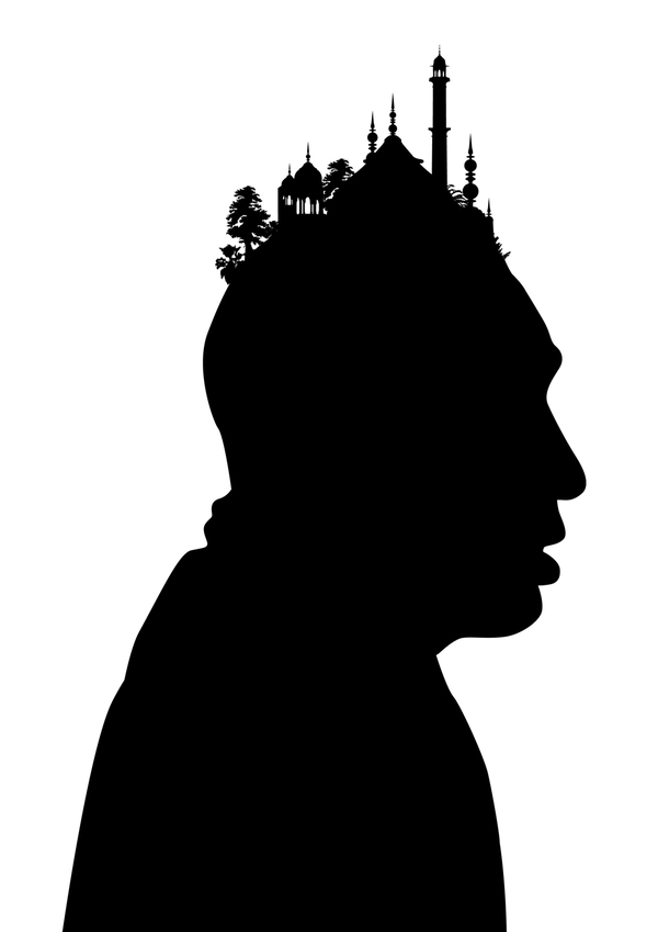 Silhouette of a man in profile with a mosque and trees emerging from his head, symbolizing cultural identity or inner spirituality.