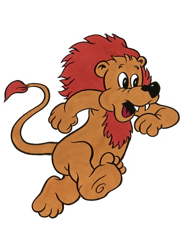 Cheerful cartoon lion with red mane running playfully, mouth open and tail curled.