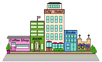 Colorful cartoon street scene with coffee shop, bank, city hotel, bookstore, and church.