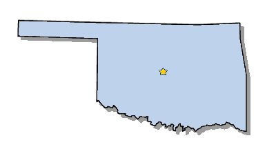 Oklahoma state map with a yellow star marking the capital city, Oklahoma City.