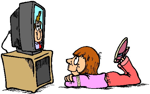A child lies on the floor watching an old-style CRT TV showing a cartoon character; the child holds a pink fan.