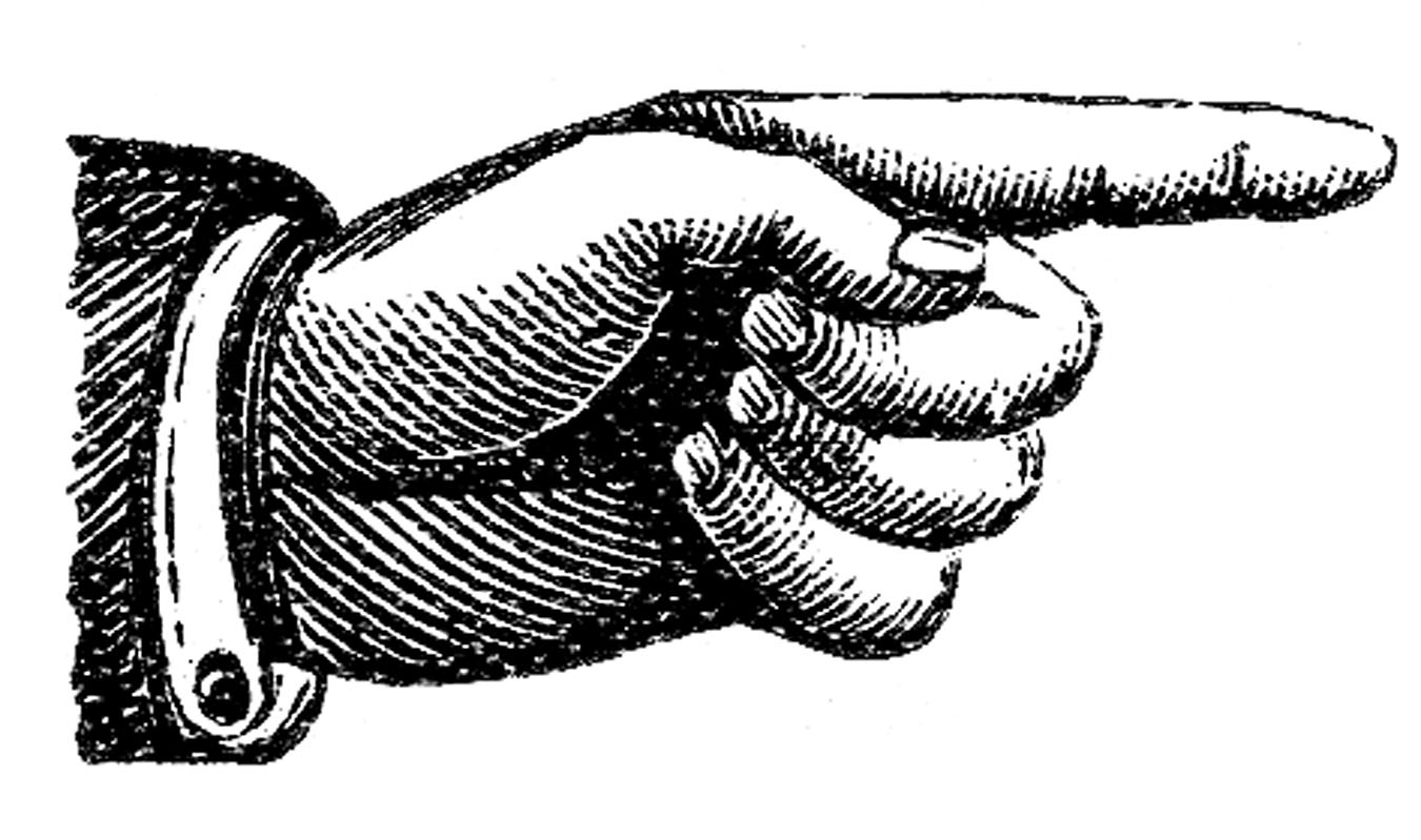 Vintage engraved illustration of a hand in formal sleeve pointing decisively to the right.