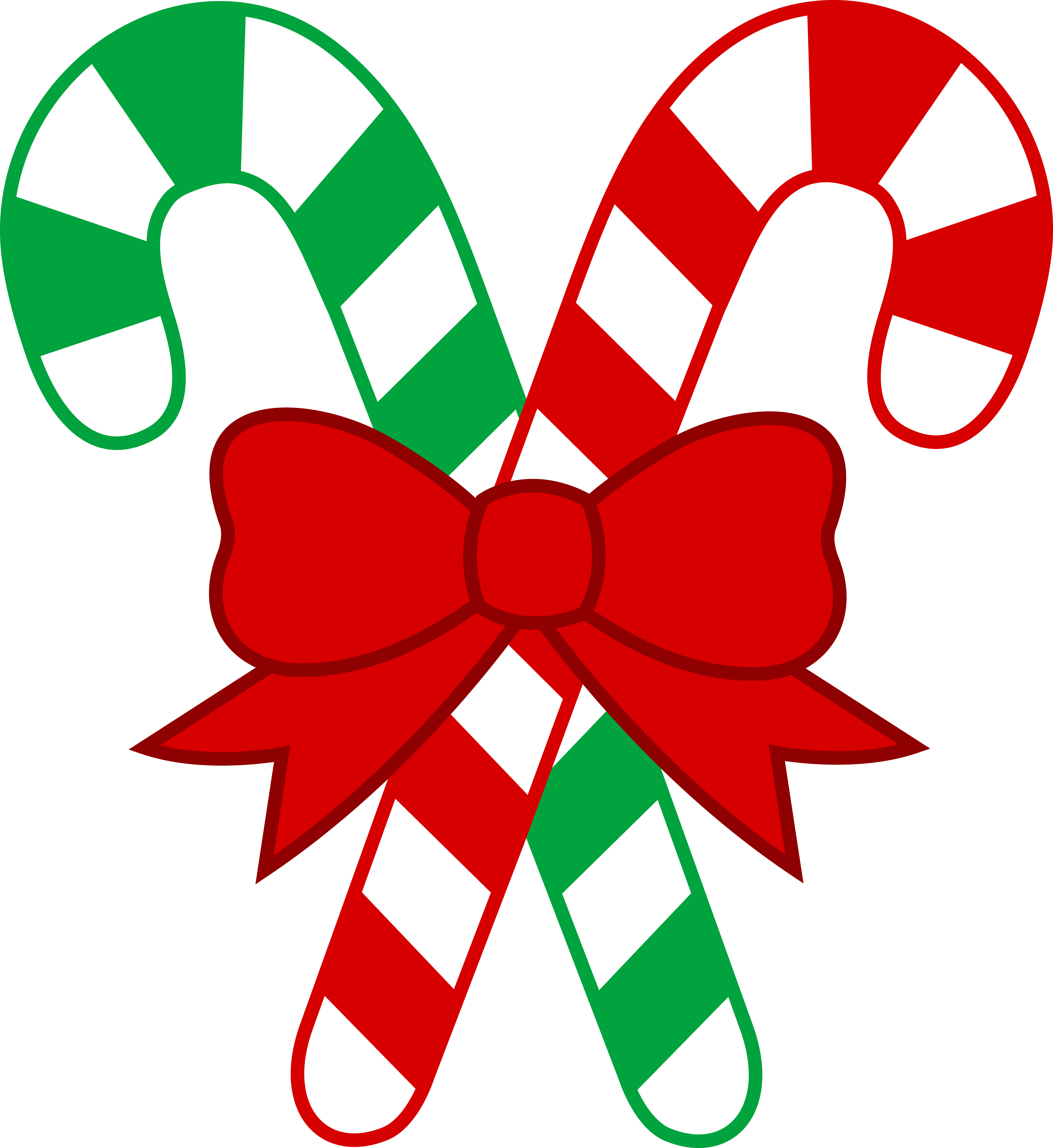 Red and green striped candy canes tied with a festive red bow, symbolizing holiday cheer and Christmas traditions.