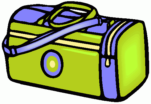 Bright green and purple duffel bag with yellow stripes, zipper, and shoulder strap, cartoon-style illustration.