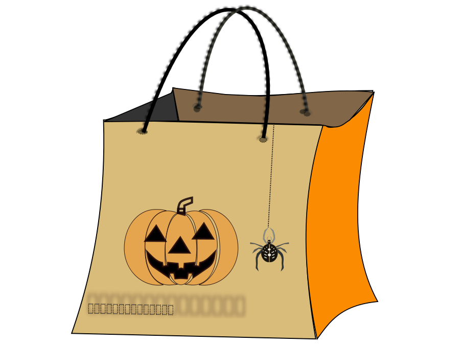 Halloween-themed paper gift bag with jack-o'-lantern and spider decoration on black background.