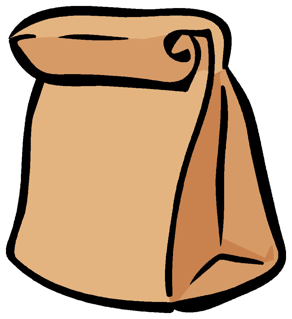 Brown paper lunch bag with folded top, simple cartoon-style illustration.