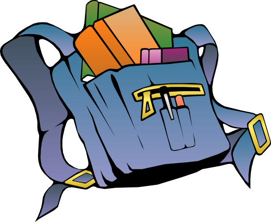 Blue backpack filled with colorful books, pens, and school supplies, cartoon-style illustration.
