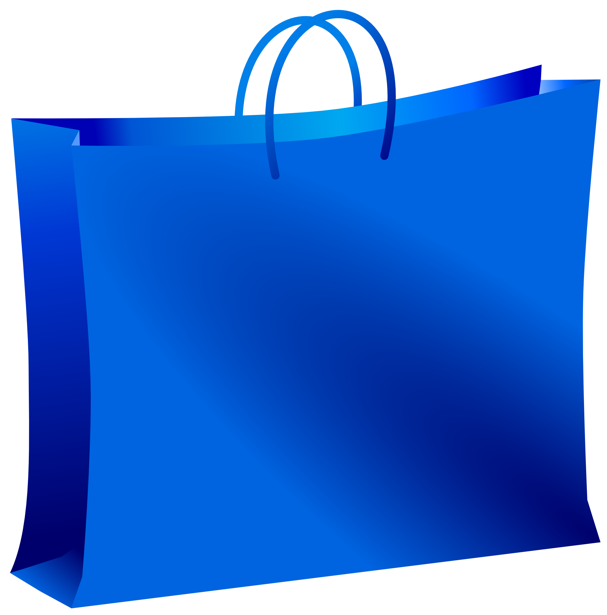 Blue shopping bag with gradient shading and looped handles, isolated on white background.