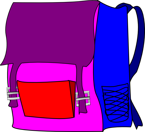 Vibrant cartoon-style backpack with purple flap, pink body, red front pocket, and blue side panel with lace-up pocket.
