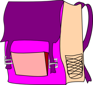 Vibrant purple and pink cartoon-style backpack with front pocket and side mesh pouch.