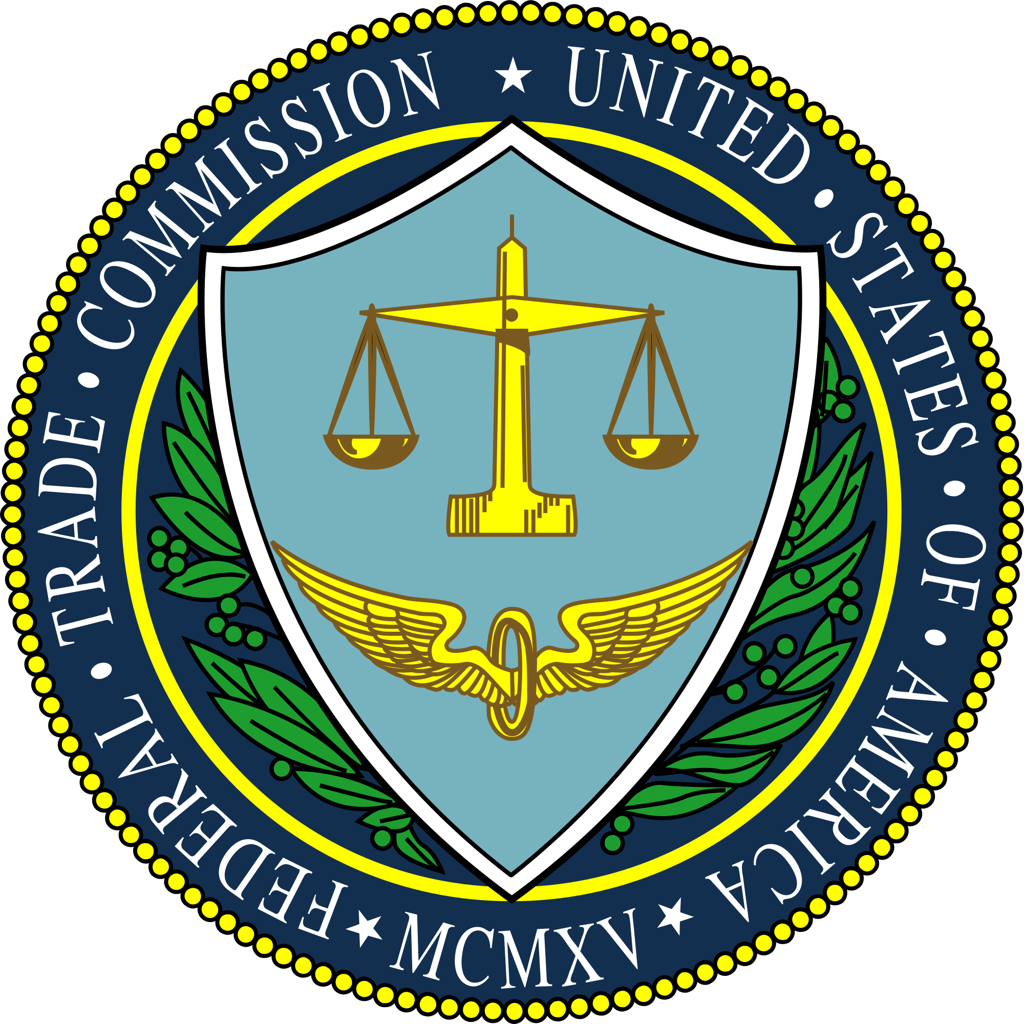 Official seal of the Federal Trade Commission (FTC) of the United States, featuring scales of justice, wings, and laurel branches.