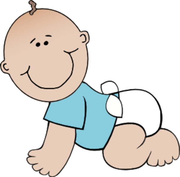 Smiling cartoon baby crawling on hands and knees, wearing a blue shirt and white diaper.
