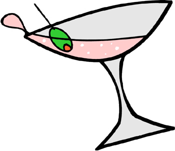 A stylized cartoon martini glass with pink liquid, a green olive on a toothpick, and a pink cherry garnish.