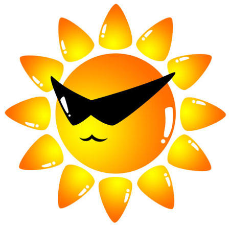 Cheerful cartoon sun wearing black sunglasses with a smug smile and radiant orange-yellow rays.