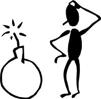 Stick figure panicking next to a lit bomb with sparks flying, symbolizing crisis or urgency.
