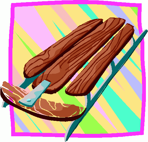 Three grilled sausages on a green grill rack with colorful striped background.